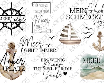 RUB-On Sticker „Meerliebe, Anker, Meer, Urlaub“, A5 randlos, glänzend und leicht erhaben weiß oder schwarz