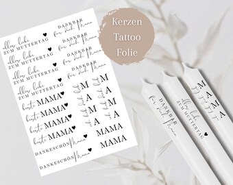 Muttertag 2 schwarz / schwarze Schrift Kerzentattoos DIN A5 Kerzensticker - Wasserschiebefolie Kerzen dekorieren - Geschenk Mama Danke