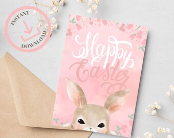 Afdrukbare paashaas wenskaart, vrolijke paasafdrukbare kaart, schattige konijntje kaart, digitale paaskaart