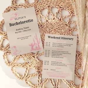 Cowgirl Bearbeitbare Bachelorette-Reiseplan-Vorlage, Bachelorette-Wochenend-Reiseplan-Einladung, Wild West Bachelorette Bash, druckbare A2-Karte