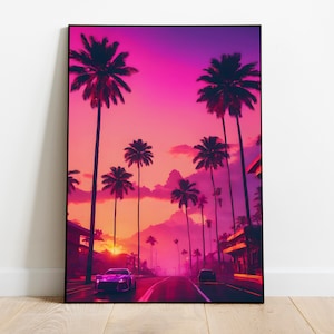 Puede incluir: Un coche deportivo morado conduce por una carretera bordeada de palmeras contra un vibrante atardecer rosa y morado.