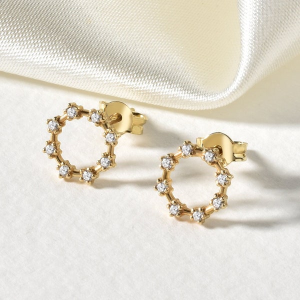 Echter Diamant 14K Massivgold Kreis Ohrringe| Minimalistische Diamantohrringe| Minimalistische Goldohrringe| 14K Gold Ohrstecker| Winziger Ohrring