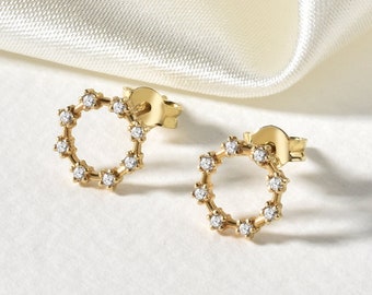 Echte diamanten 14K massief gouden cirkeloorbellen | Minimalistische diamanten oorbellen| Minimalistische gouden oorbellen| 14K gouden oorknopje| Kleine oorbel