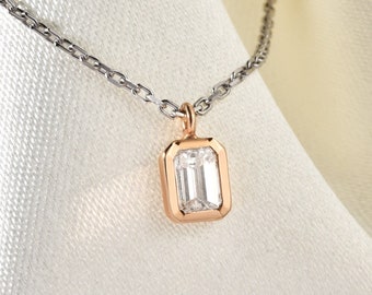 Emerald Cut Diamond Necklace in 14K Solid Gold | Square Baguette Emerald Cut Diamond| Solitaire Emerald Diamond Necklace 0.19ct Rose Gold