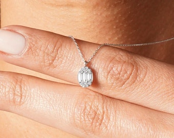 Baguette Cut Diamond Necklace in 14K Solid Gold| Square Diamond Necklace | Baguette and Round Diamond Illusion Setting Diamond Charm Pendant