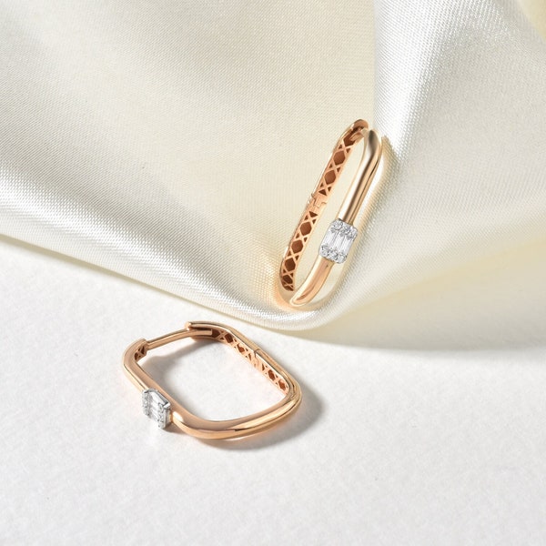 Baguette Diamond Earrings in 14K Solid Gold| Baguette Huggie Earrings | Single Baguette Earrings|  Rectangle Hoop Earrings| Baguette Hoops