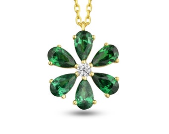 Flower Emerald Necklace with Diamonds in 14K Solid Gold |Diamond Emerald Necklace | Emerald Birthstone Necklace| May Necklace| Pear Emerald