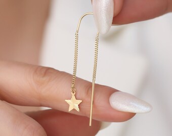 14K Solid Gold Dangle Earrings | Gold Drop Chain Earrings | Dangly Earrings |Thread Earrings Drop Long| Star Drop Earrings| Dainty Earrings