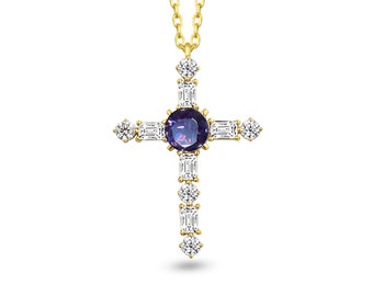 Diamond Cross Necklace 14k Solid Gold for Women | Christian Faith Necklace | Religious Baguette Diamond Necklace | Real Gold Cross Necklace