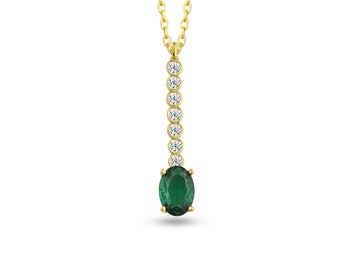 Emerald & Diamond Necklace in 14K Solid Gold | Emerald Diamond Ruby Sapphire| Oval Emerald | May Birthstone Necklace| Emerald Diamond Bar