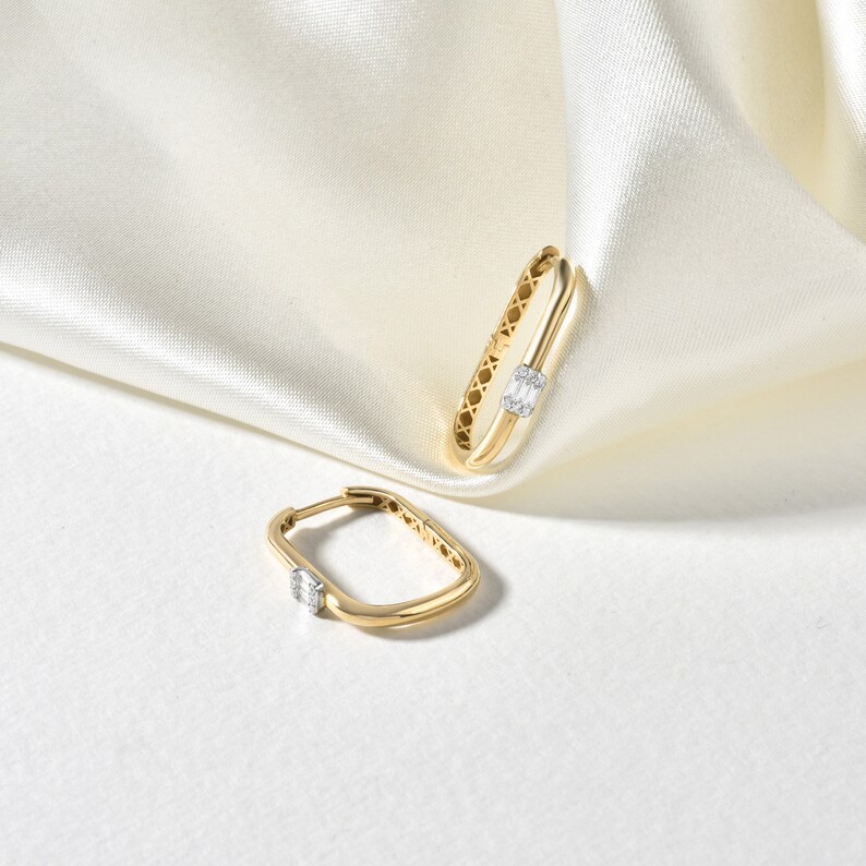 Baguette Diamond Earrings in 14K Solid Gold Baguette Huggie Earrings Single Baguette Earrings Rectangle Hoop Earrings Baguette Hoops image 6