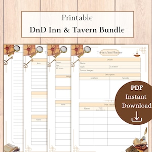 Puede incluir: Paquete de planificadores de posada y taberna de Dungeons and Dragons imprimibles. Esta descarga digital incluye cuatro páginas de PDF imprimibles para ayudarte a planificar tu próxima aventura de D&D. Las páginas incluyen un planificador de posada/taverna, un planificador de gancho de trama y dos páginas para notas de personajes.