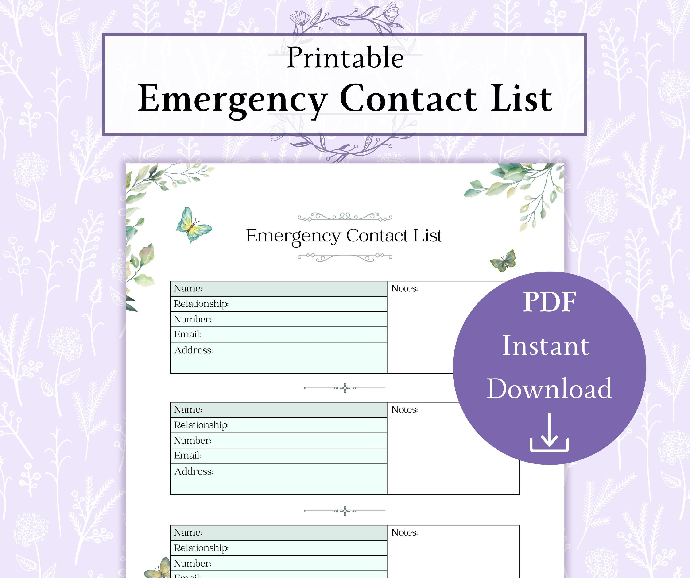 Emergency Contact List Template Printable PDF Contact List Form PDF