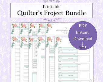 May include: A printable "Quilter's Project Bundle" with floral and teal accents. The bundle includes project planning sheets, a PDF download, and a section for quilting supplies. The design features roses and text boxes for notes.