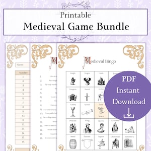 May include: Printable Medieval Game Bundle with a Medieval Bingo game and a list of prompts. The game sheets have decorative borders and are in black and white. A purple circle with "PDF Instant Download" is also present.