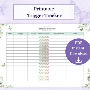 Può includere: Un foglio stampabile "Trigger Tracker" con un design floreale e a farfalla. Il tracker include sezioni per data, trigger, posizione, gravità del disagio, misure di sollievo e note. Un cerchio viola con il testo "PDF Download istantaneo" è a destra.