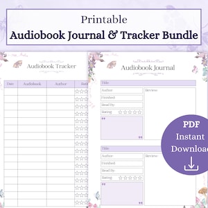 Könnte beinhalten: Druckbarer Audiobook-Journal und Tracker-Bundle mit floralem Design. Das Journal enthält Abschnitte für Titel, Autor, abgeschlossen, gelesen von und Bewertung. Der Tracker enthält Abschnitte für Datum, Audiobook, Autor und Bewertung.