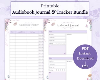 May include: Printable audiobook journal and tracker bundle featuring a floral design. The journal includes sections for title, author, finished, read by, and rating. The tracker has sections for date, audiobook, author, and rating.
