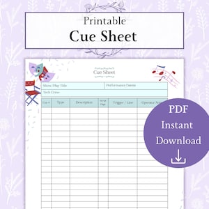 May include: A printable cue sheet with a purple floral background. The sheet includes sections for show title, performance dates, and tech crew. A purple circle with the text "PDF Instant Download" is on the right.