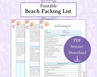 Strand Packliste PDF ausdrucken | Checkliste zum Packen | Urlaubsplaner Urlaub Bestand | Druckbare Strand Liste