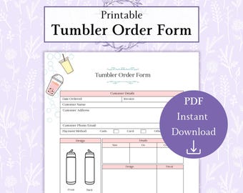 Puede incluir: Formulario de pedido de vaso imprimible con secciones para los datos del cliente, el diseño, el tamaño y la calcomanía. El formulario incluye un espacio para la fecha del pedido, el nombre del cliente, la dirección, el número de teléfono, el método de pago y el número de factura. El formulario también incluye una sección para el diseño del vaso, el tamaño del vaso y los detalles de la calcomanía. El formulario está diseñado para ser utilizado para pedir vasos personalizados.