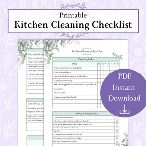 May include: Printable kitchen cleaning checklist with daily and weekly tasks. The checklist includes sections for wiping countertops, cleaning the sink, and cleaning appliances. A purple circle with "PDF Instant Download" text is on the right.