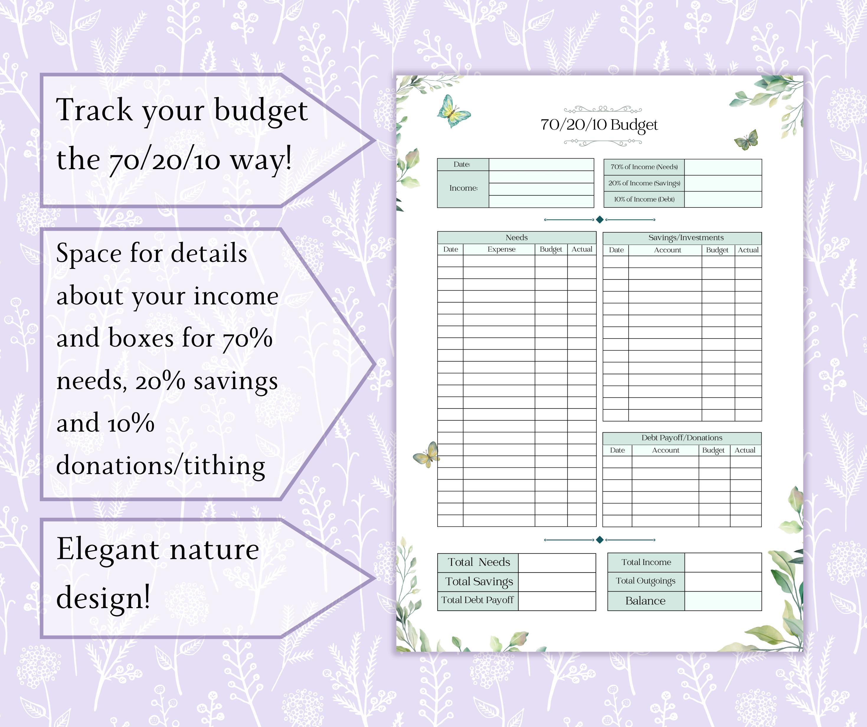 70/20/10 Budget Planner Printable PDF | Paycheck Budgeting | 70 20 10