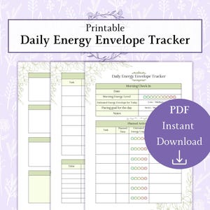 May include: A printable Daily Energy Envelope Tracker with a floral design. The document includes sections for tracking energy levels, goals, and notes. A purple circle with "PDF Instant Download" text and a downward arrow is on the right.