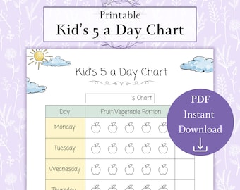 Kids 5 a Day Chart Printable PDF | Reward Chart | Fruit and Vegetables Chart for Children | Mealtime Chart