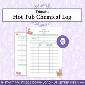 Könnte beinhalten: Druckbares Hot Tub Chemical Log in US Letter und A4. Das Logbuch enthält Abschnitte zur Aufzeichnung von Details und Wassertests, mit Spalten für Zeit, pH-Wert, Chlor, Alkalinität usw. Das Design umfasst dekorative Elemente und ein PDF-Download-Symbol.
