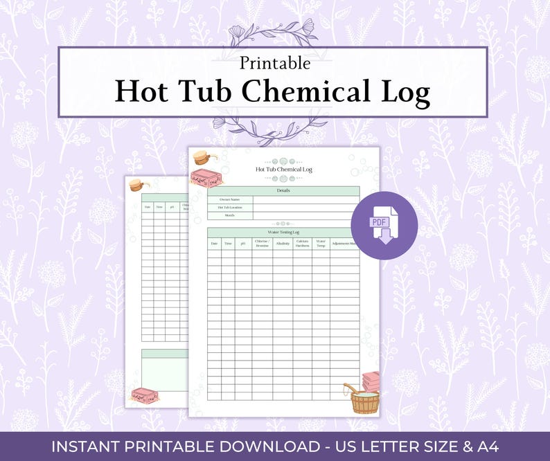 Peut inclure: Journal imprimable pour l'analyse chimique des spas, disponible en formats US Letter et A4. Le journal comprend des sections pour enregistrer les d&eacute;tails et les tests d'eau, avec des colonnes pour l'heure, le pH, le chlore, l'alcalinit&eacute;, etc. Le design comprend des &eacute;l&eacute;ments d&eacute;coratifs.
