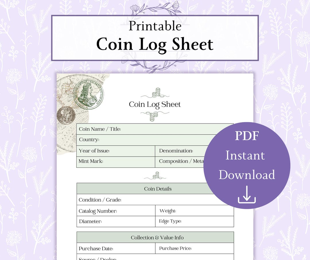 Coin Log Sheet Printable PDF, Coin Inventory Logbook, Coin Collection ...