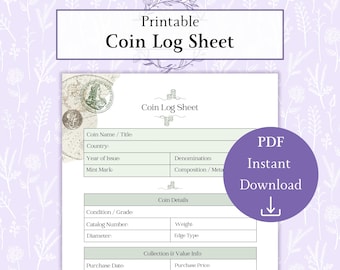 Coin Log Sheet Printable PDF, Coin Inventory Logbook, Coin Collection Log, Coin Inventory Log, Coin Album Organization Sheet