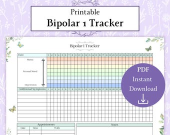 Bipolar 1 Tracker Printable PDF | Symptom Log | Mood Tracker | Bipolar Tracker | Manic Symptoms | Bipolar Journal