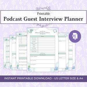 May include: A printable Podcast Guest Interview Planner document with multiple pages displayed. The layout features sections for guest details and research, with a light green and purple colour scheme. Includes a PDF download icon.