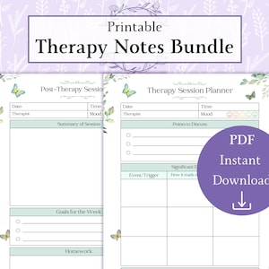 May include: Printable therapy notes bundle with a green and white floral design. The bundle includes a post-therapy session page and a therapy session planner page. The pages include sections for date, therapist, time, mood, summary of session, points to discuss, goals for the week, and homework.