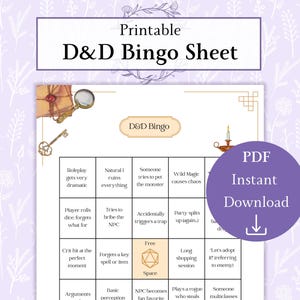 May include: A printable D&D Bingo sheet with a purple floral background. The sheet features a grid of bingo squares with various D&D-related prompts. The words "Printable D&D Bingo Sheet" are at the top. A purple circle with "PDF Instant Download" is on the right.