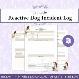 May include: Printable "Reactive Dog Incident Log" in US Letter size and A4. The design features a floral background with illustrations of dogs. The log includes sections for dog information, incident details, and trigger details.