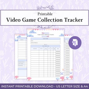May include: Printable video game collection tracker with a purple floral background. The tracker includes sections for game details, preferred platform, and a rating system. The text "Video Game Collection Tracker" is displayed prominently. The image also includes a PDF icon.