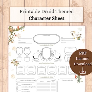 May include: Printable character sheet for a Dungeons and Dragons game with a druid theme. The sheet features a green, brown, and white color scheme with illustrations of leaves, mushrooms, and a potion bottle. The sheet includes sections for character name, race, class, alignment, background, hit dice, ability scores, skills, and features and traits.