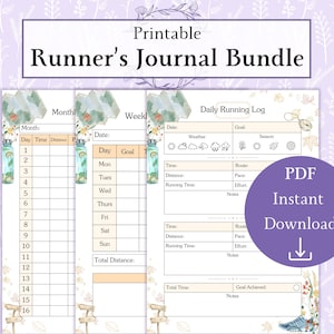 Afdrukbare pdf-bundel Runner's Journal | Dagelijks hardlooplogboek | Wekelijks hardlooplogboek | Maandelijks hardlooplogboek | Fitnesstracker