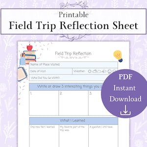 Puede incluir: Hoja de reflexión de viaje de campo imprimible con secciones para lugar, fecha y clima. Incluye indicaciones para cosas interesantes aprendidas y reflexiones. Presenta un círculo púrpura con "Descarga instantánea PDF".