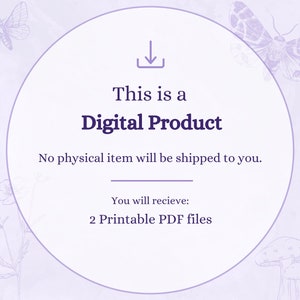 May include: A purple circle with a download arrow icon and the text "This is a Digital Product. No physical item will be shipped to you. You will receive: 2 Printable PDF files." The circle is on a light purple background with a floral design.