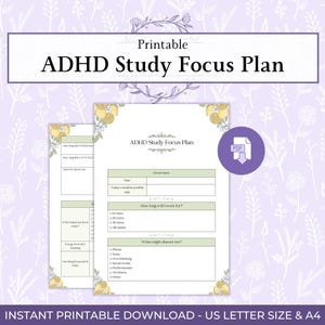 May include: A printable ADHD Study Focus Plan document featuring a white background with yellow floral accents. The layout includes sections for an overview, work duration checkboxes, and distraction tracking. A purple PDF download icon is visible.