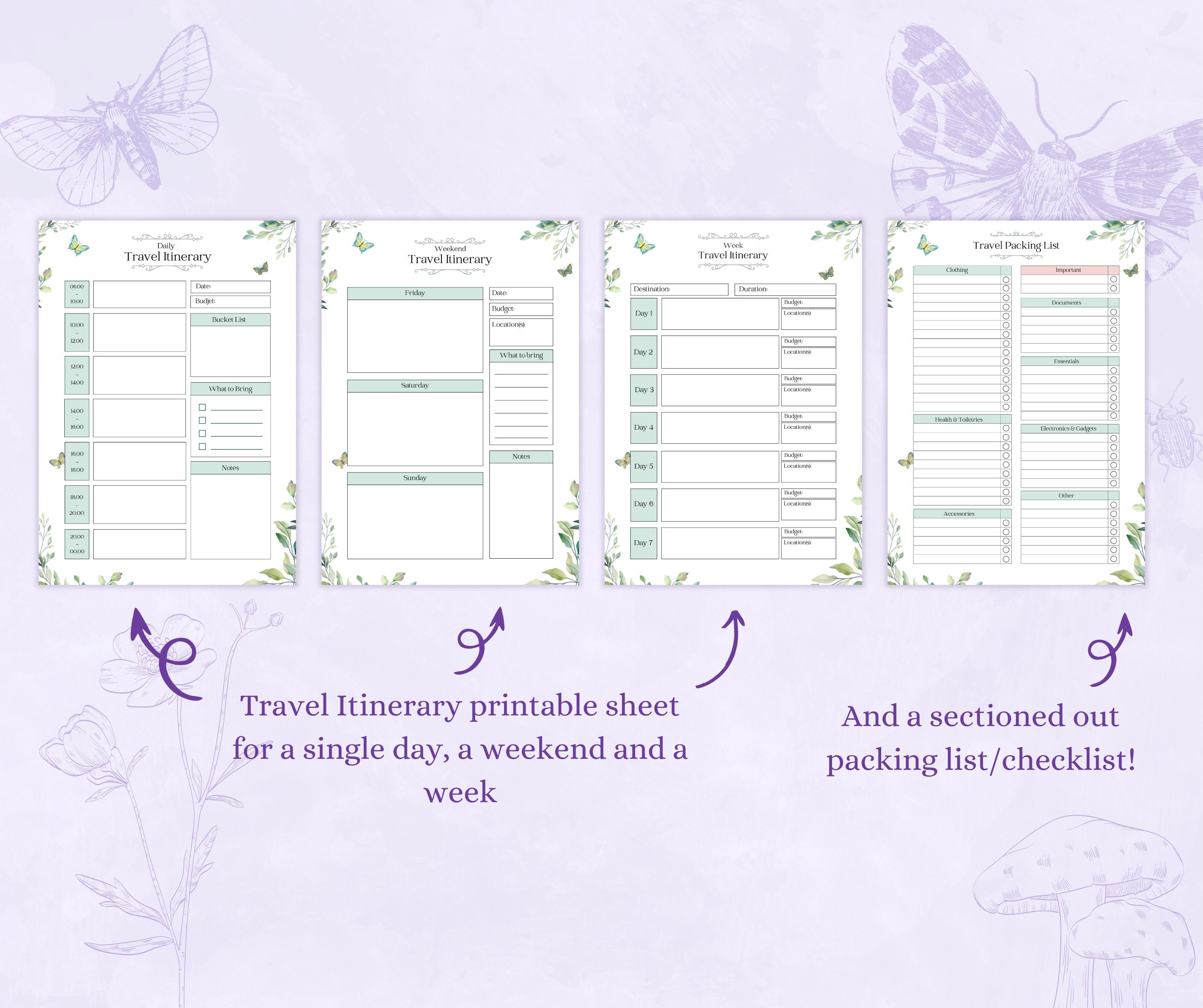 Travel Itinerary and Packing List Printable PDF Bundle | Daily Planner ...