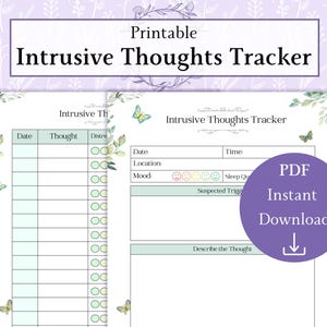 May include: Printable intrusive thoughts tracker with a green and white floral design. The tracker includes sections for date, thought, distractions, location, mood, sleep quality, suspected triggers, and a space to describe the thought.
