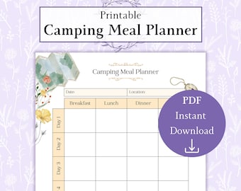 Camping Meal Planner Printable PDF | Meal Prep | Camping Meal Plan | Menu Planner Camp Food Plan | Outdoor Food Chart