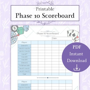 Phase 10 Scoreboard Sheet Printable PDF | Phase 10 Scorecard | Family Game Night | Scorecard Template | Printable Scoreboard
