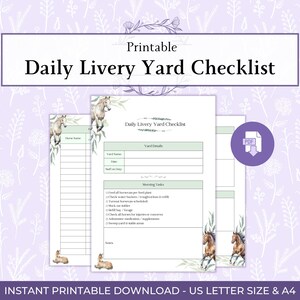 May include: Printable Daily Livery Yard Checklist with a watercolor horse design. The checklist includes sections for yard details and morning tasks. The PDF download is available in US Letter size and A4.