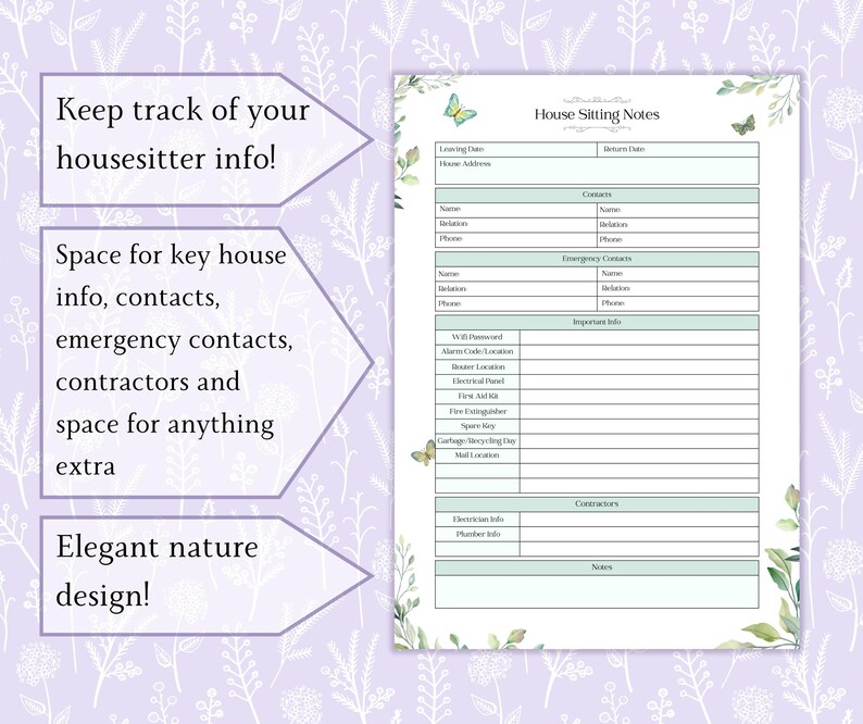 House Sitting Notes Printable PDF | House Sitting Info | House ...